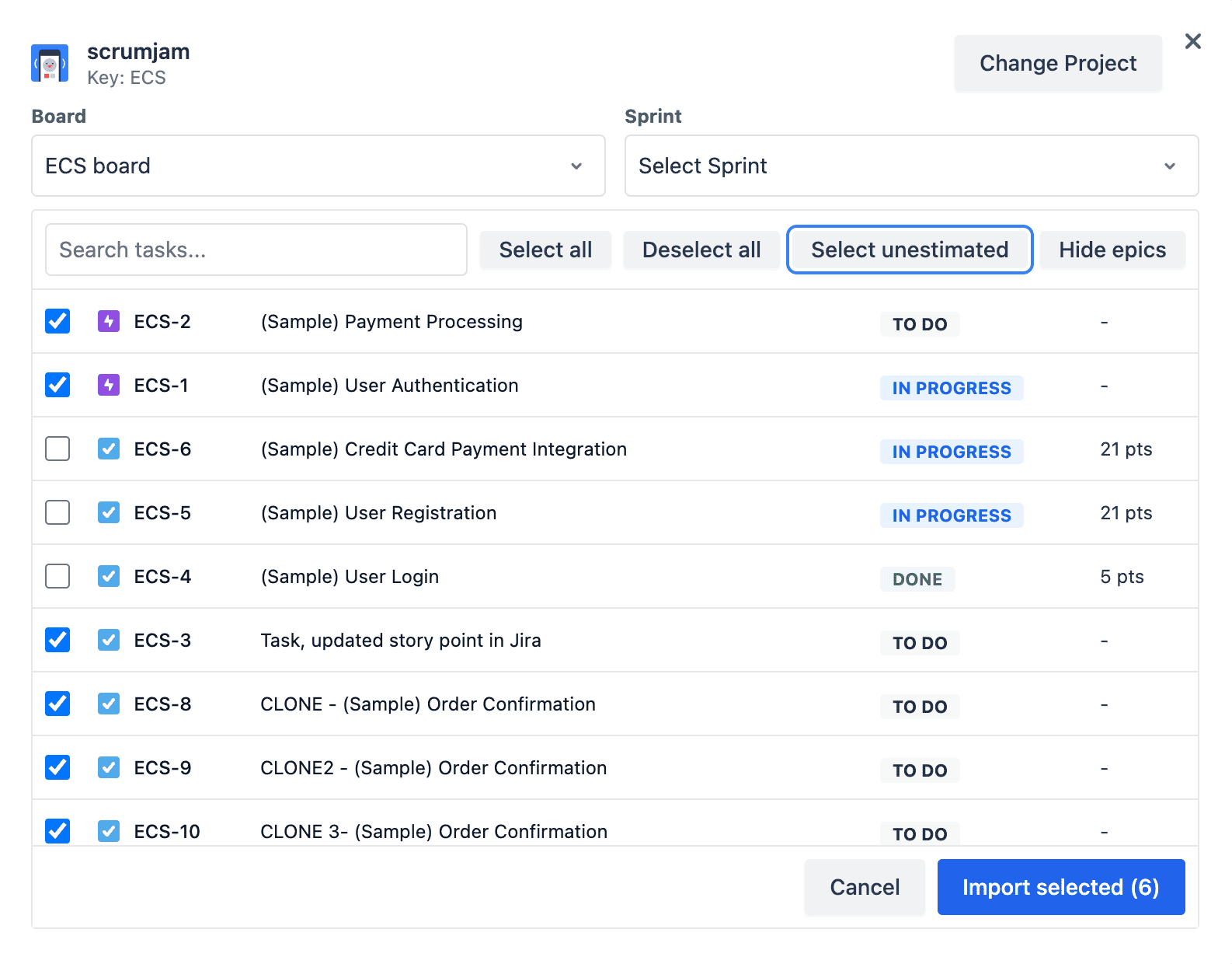 ScrumJam Jira import screen with JQL search and issue picker