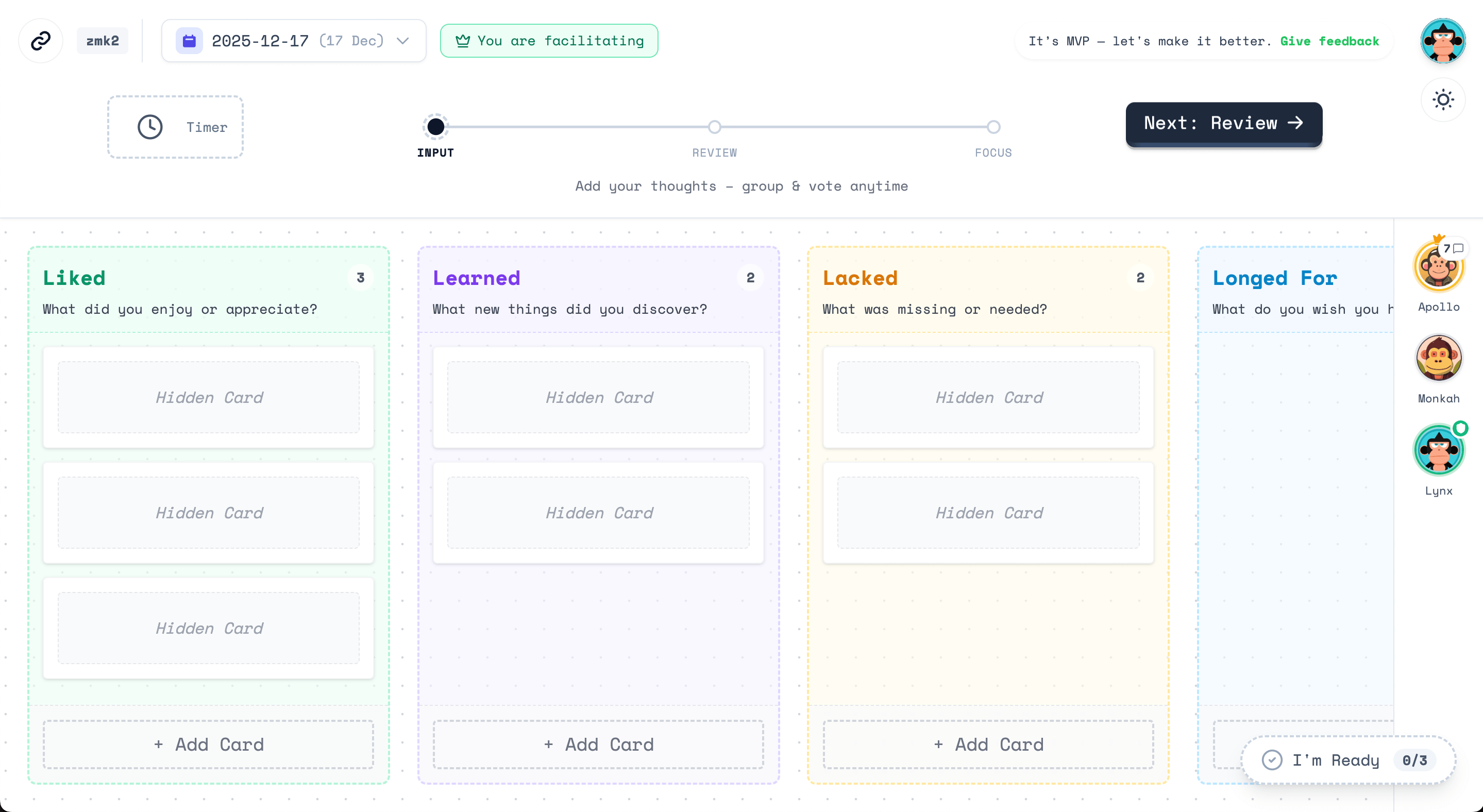 ScrumJam Retro board showing anonymous cards, voting, and AI grouping features